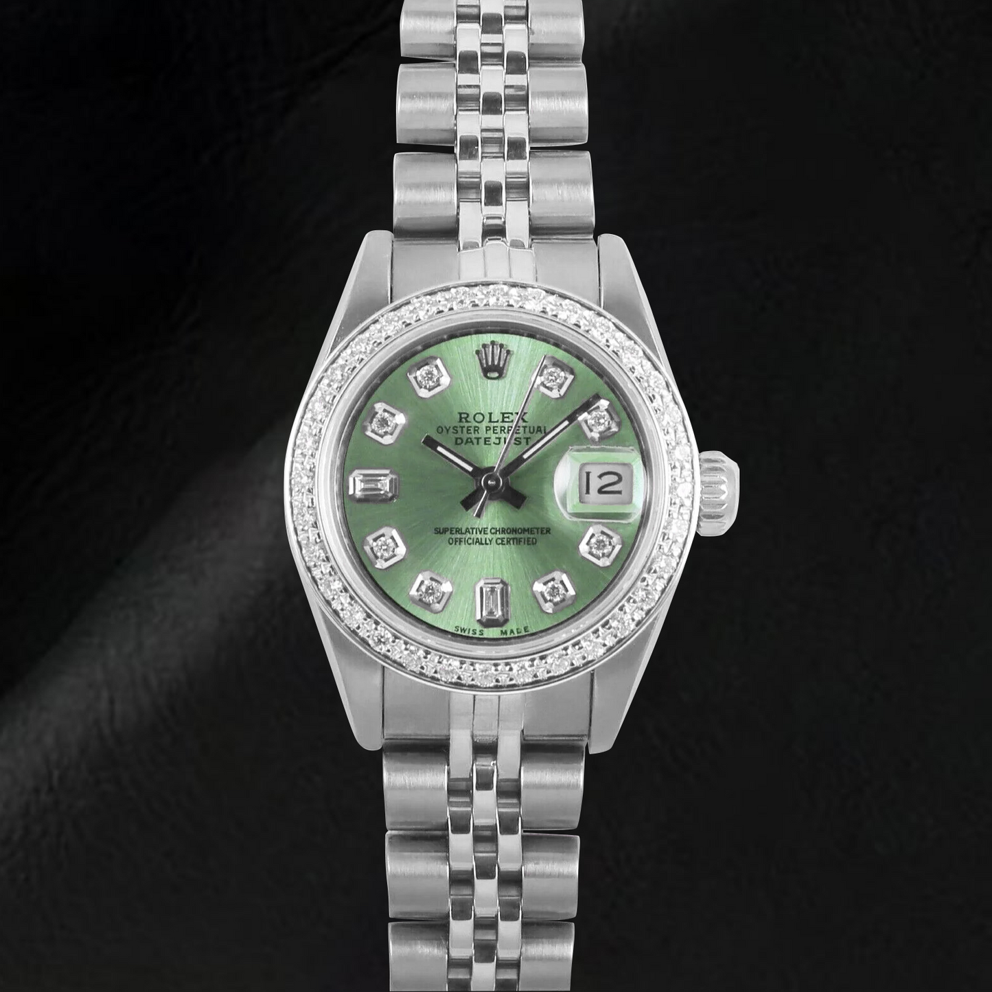 Orologio Rolex Datejust verde oliva con diamanti baguette da 26 mm in acciaio inossidabile
