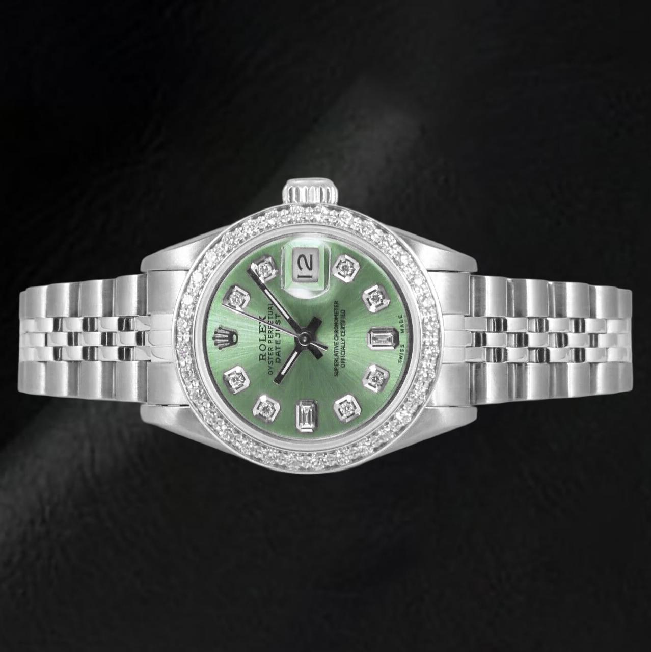 Orologio Rolex Datejust verde oliva con diamanti baguette da 26 mm in acciaio inossidabile