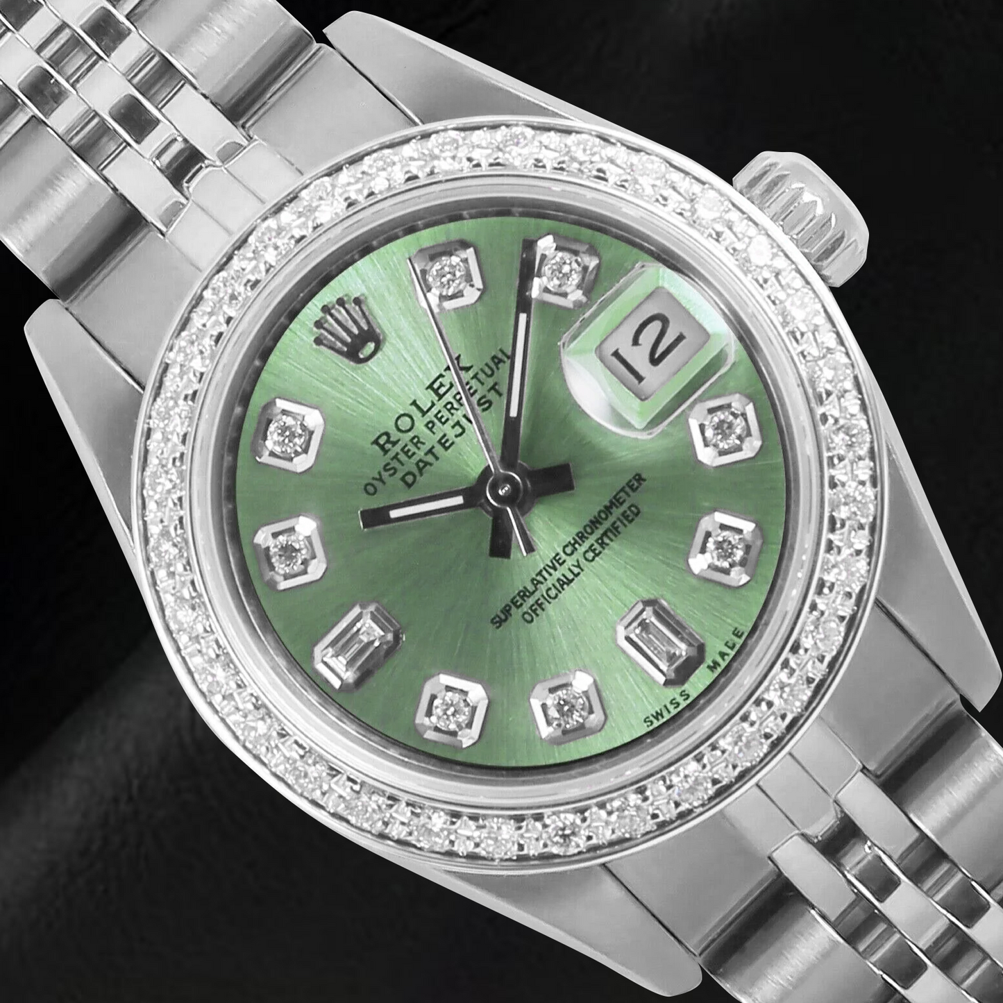 Orologio Rolex Datejust verde oliva con diamanti baguette da 26 mm in acciaio inossidabile