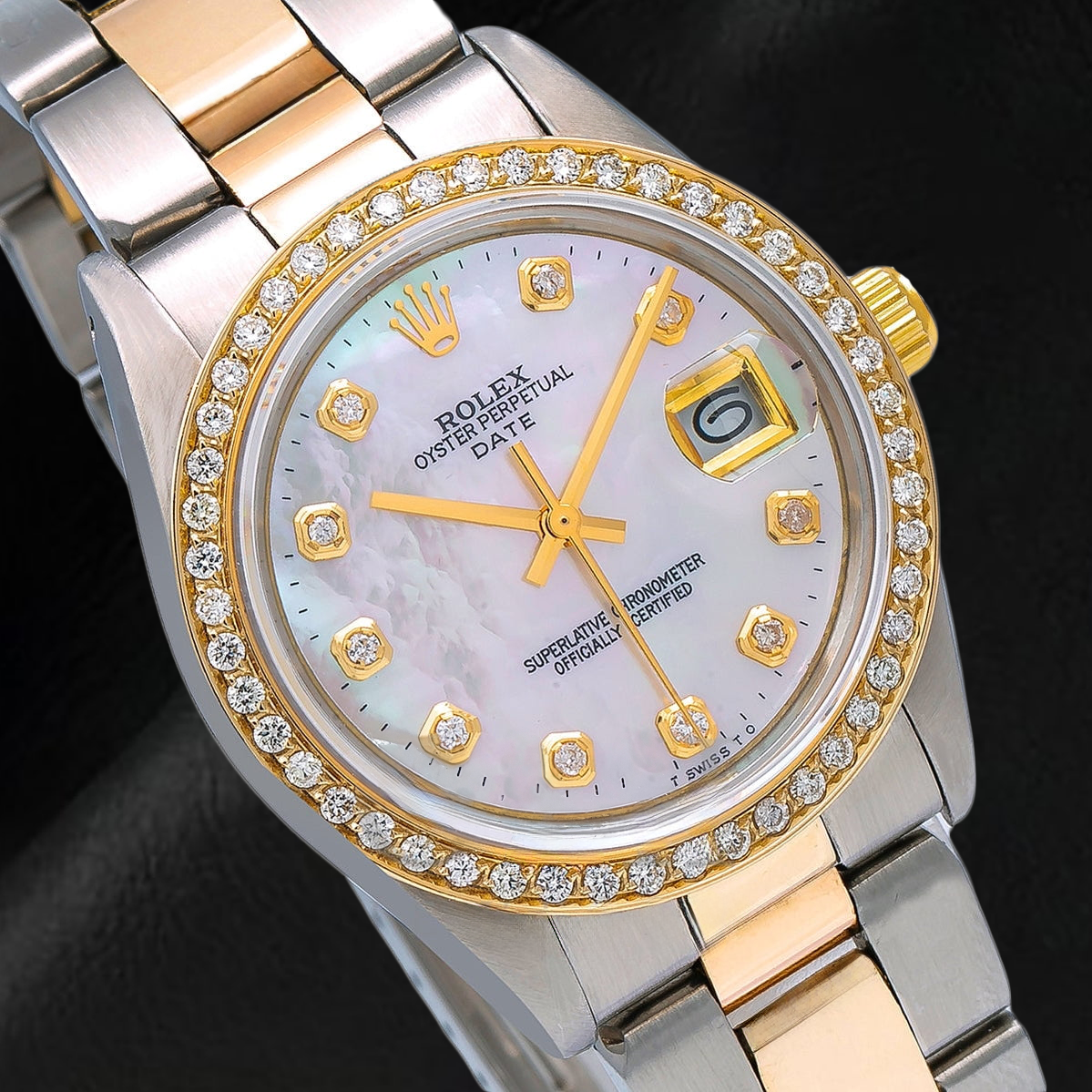 Orologio Rolex Lady Datejust con quadrante in madreperla bianca e diamanti, 31 mm, bracciale Oyster bicolore