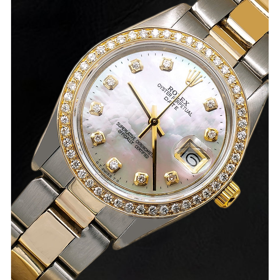 Orologio Rolex Lady Datejust con quadrante in madreperla bianca e diamanti, 31 mm, bracciale Oyster bicolore