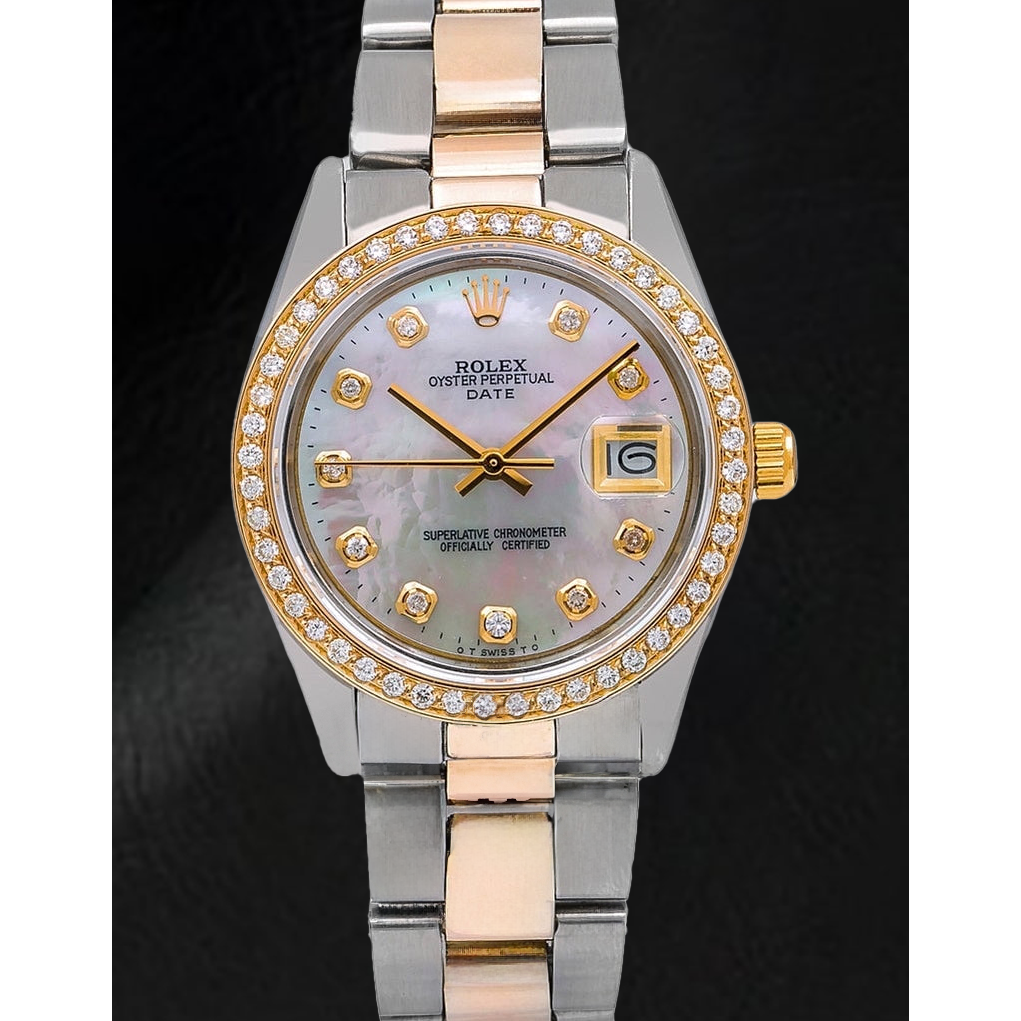 Orologio Rolex Lady Datejust con quadrante in madreperla bianca e diamanti, 31 mm, bracciale Oyster bicolore