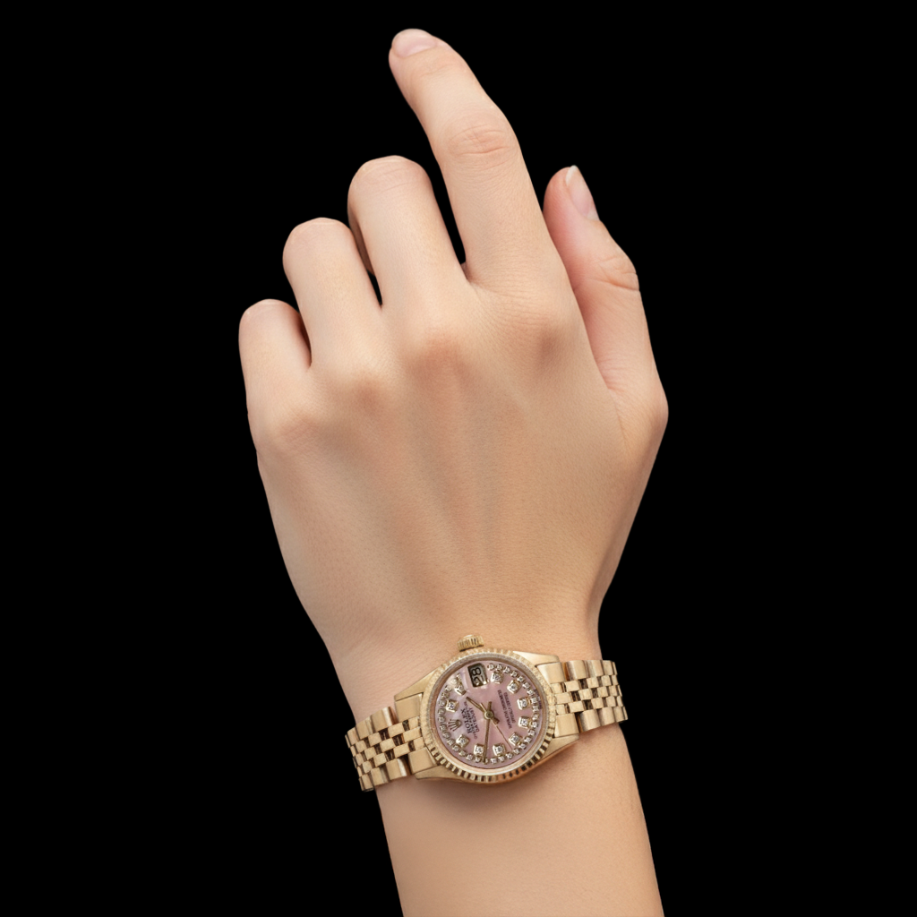 Orologio Rolex Lady Datejust in madreperla rosa con quadrante in diamanti e oro giallo P5