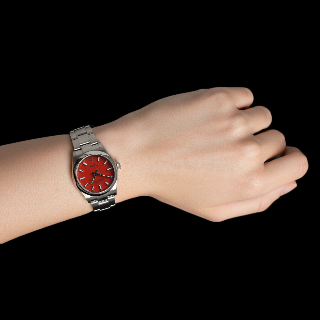 Orologio Rolex Ostrica perpetual corallo rosso quadrante luminoso in acciaio P3