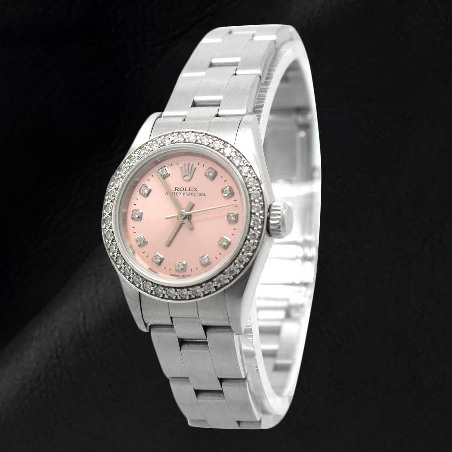 Orologio Rolex Oyster Perpetual con quadrante rosa e diamanti, 24 mm, in acciaio inossidabile