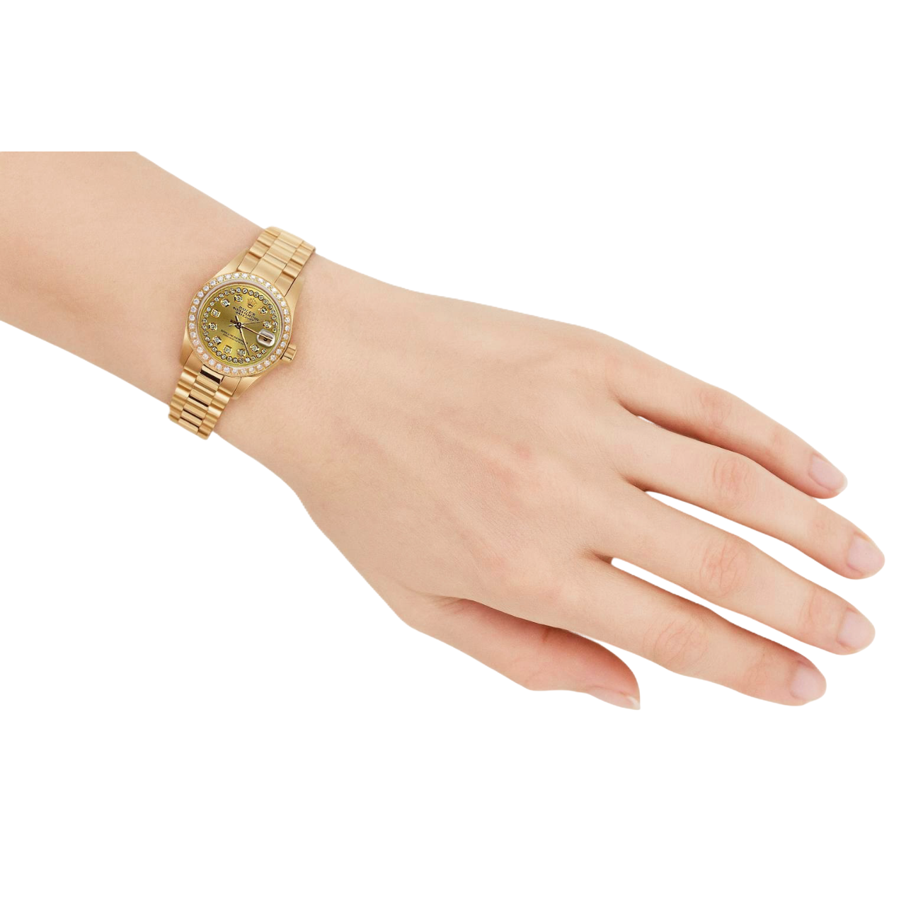 Orologio Rolex Quadrante con stringa champagne in stile presidenziale con lunetta in oro giallo e diamanti