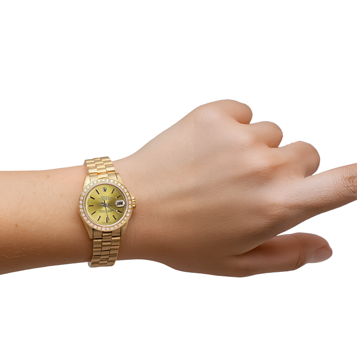 Orologio Rolex champagne bastone quadrante presidente Datejust lunetta diamanti oro giallo P2