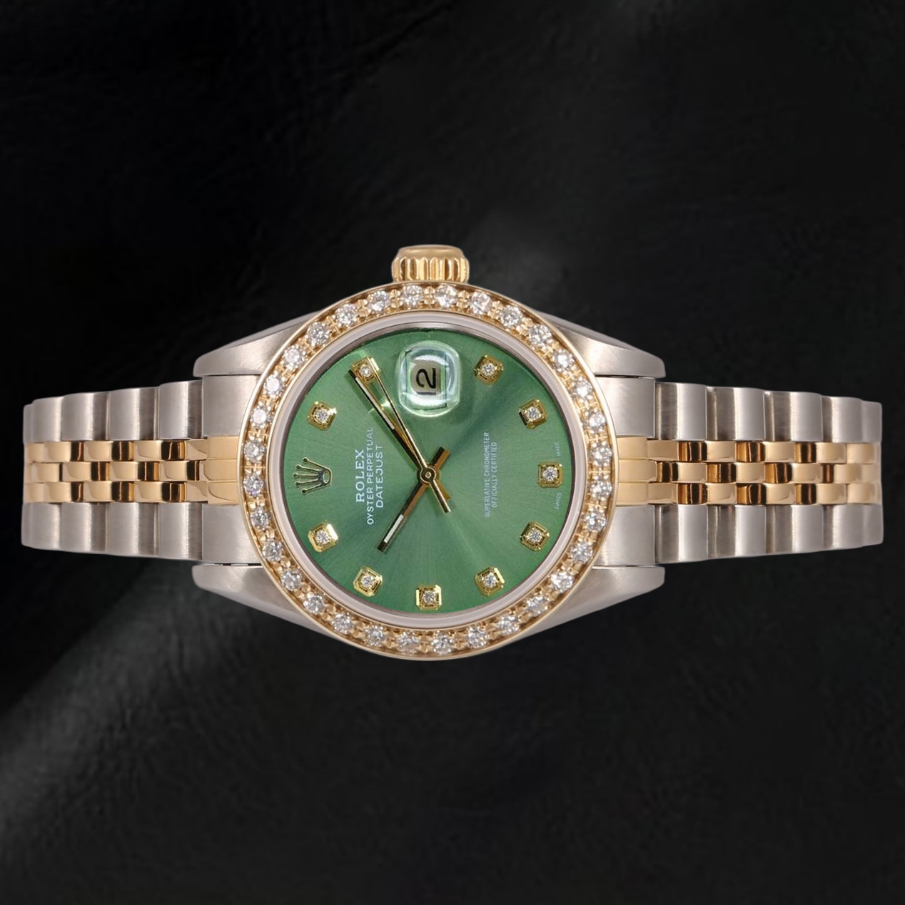 Orologio Rolex da donna Datejust 26 mm con quadrante verde oliva e diamanti bicolore