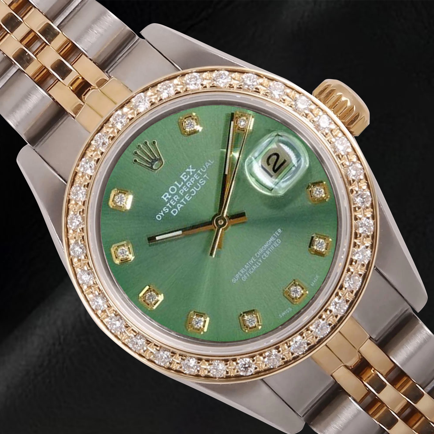 Orologio Rolex da donna Datejust 26 mm con quadrante verde oliva e diamanti bicolore
