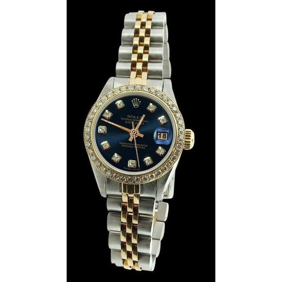 Orologio Rolex da donna Datejust acciaio inossidabile e quadrante in oro con diamanti blu e lunetta