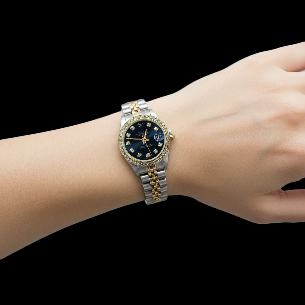 Orologio Rolex da donna Datejust acciaio inossidabile e quadrante in oro con diamanti blu e lunetta P2