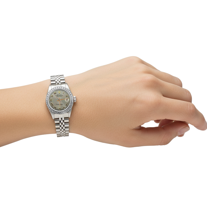 Orologio Rolex da donna con lunetta in diamanti e cinturino in acciaio inossidabile giubileo grigio romano P5