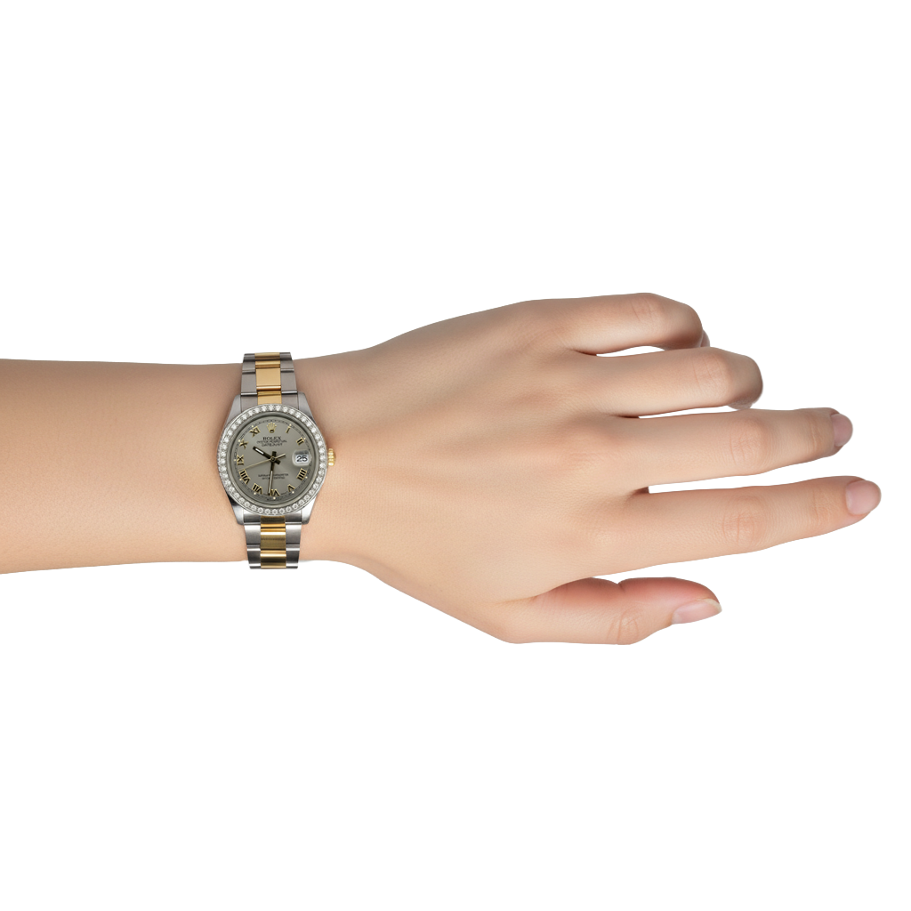 Orologio Rolex di medie dimensioni con bracciale Oyster marrone e quadrante romano grigio oro P2