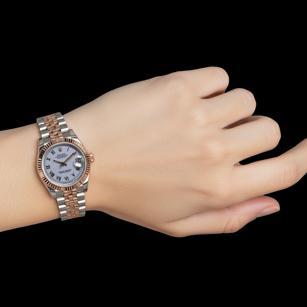 Orologio Rolex in acciaio inossidabile di medie dimensioni da 31 mm con bracciale bicolore, quadrante bianco con numeri romani P2