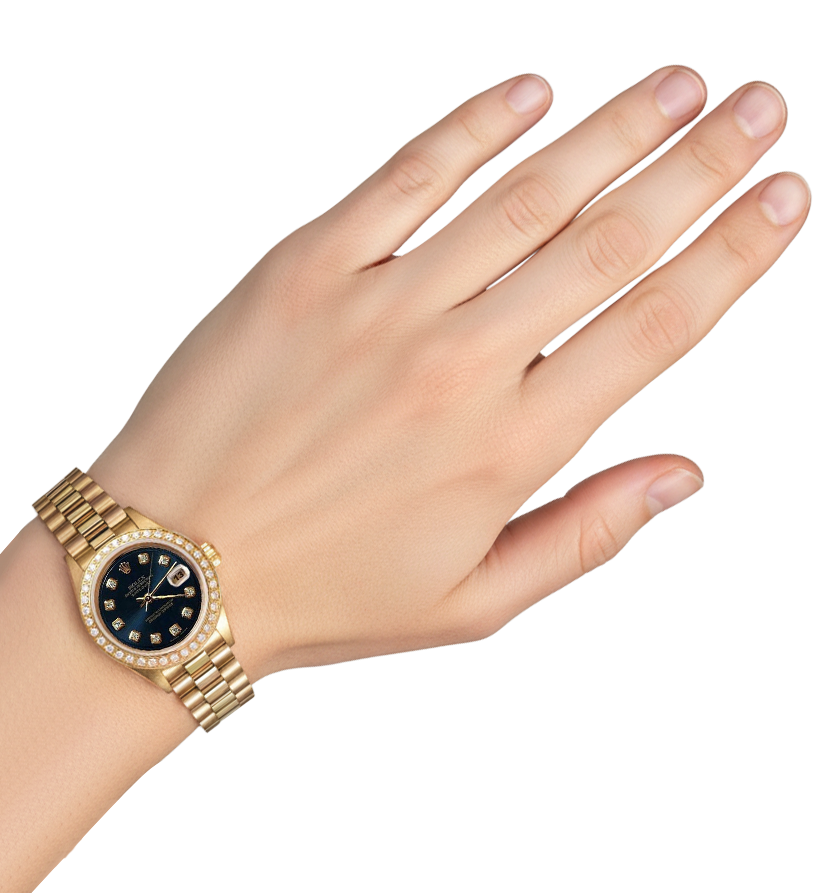 Orologio Rolex stile presidenziale quadrante blu con diamanti lunetta Datejust oro giallo P2