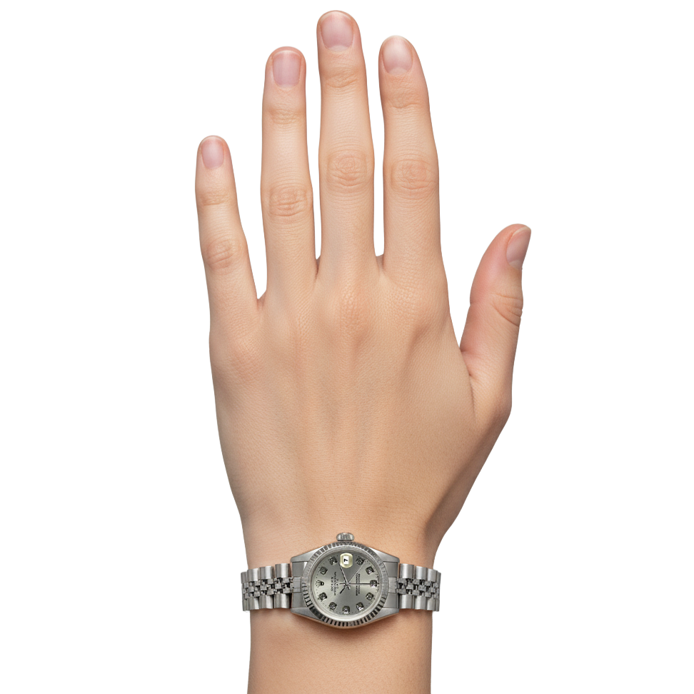 Orologio con datario, quadrante in argento con diamanti, lunetta scanalata, bracciale giubileo P2