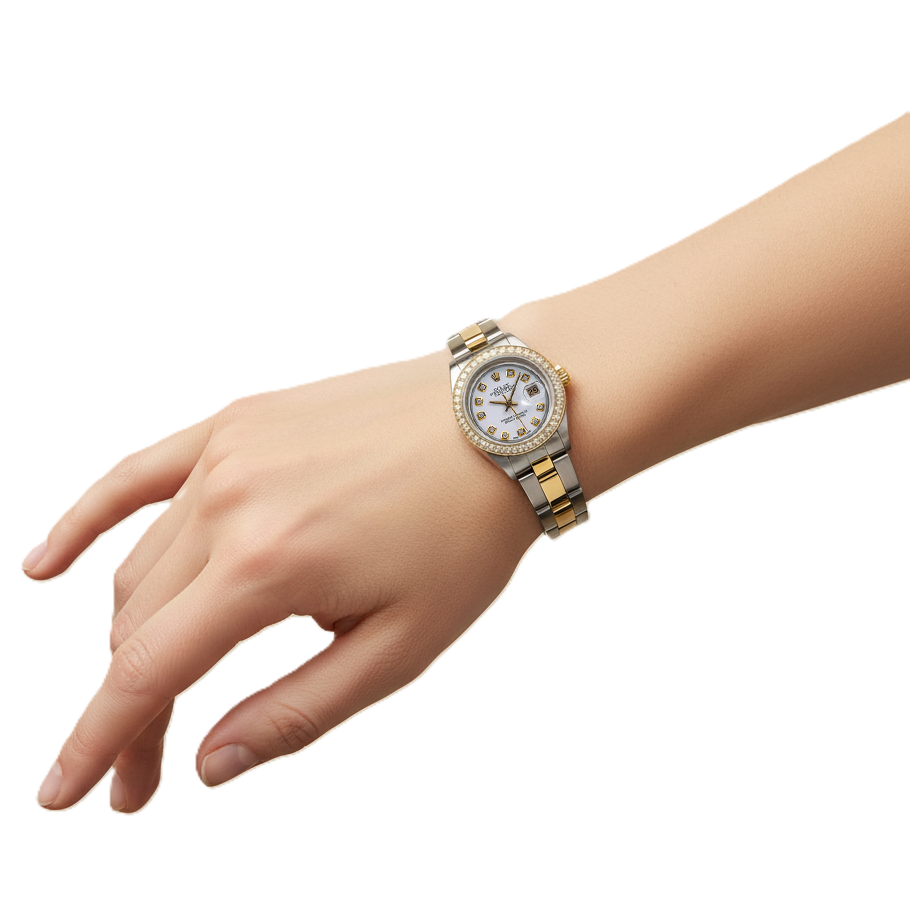 Orologio da donna Datejust Rolex con cinturino ostrica bicolore e quadrante con diamanti P5