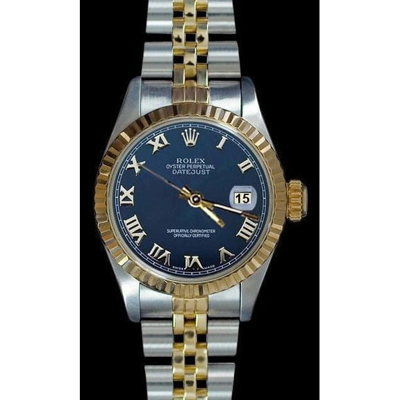 Orologio da donna Datejust con lunetta scanalata bicolore, quadrante blu romano Rolex