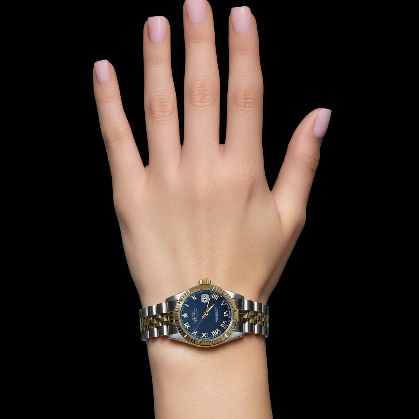 Orologio da donna Datejust con lunetta scanalata bicolore, quadrante blu romano Rolex P2