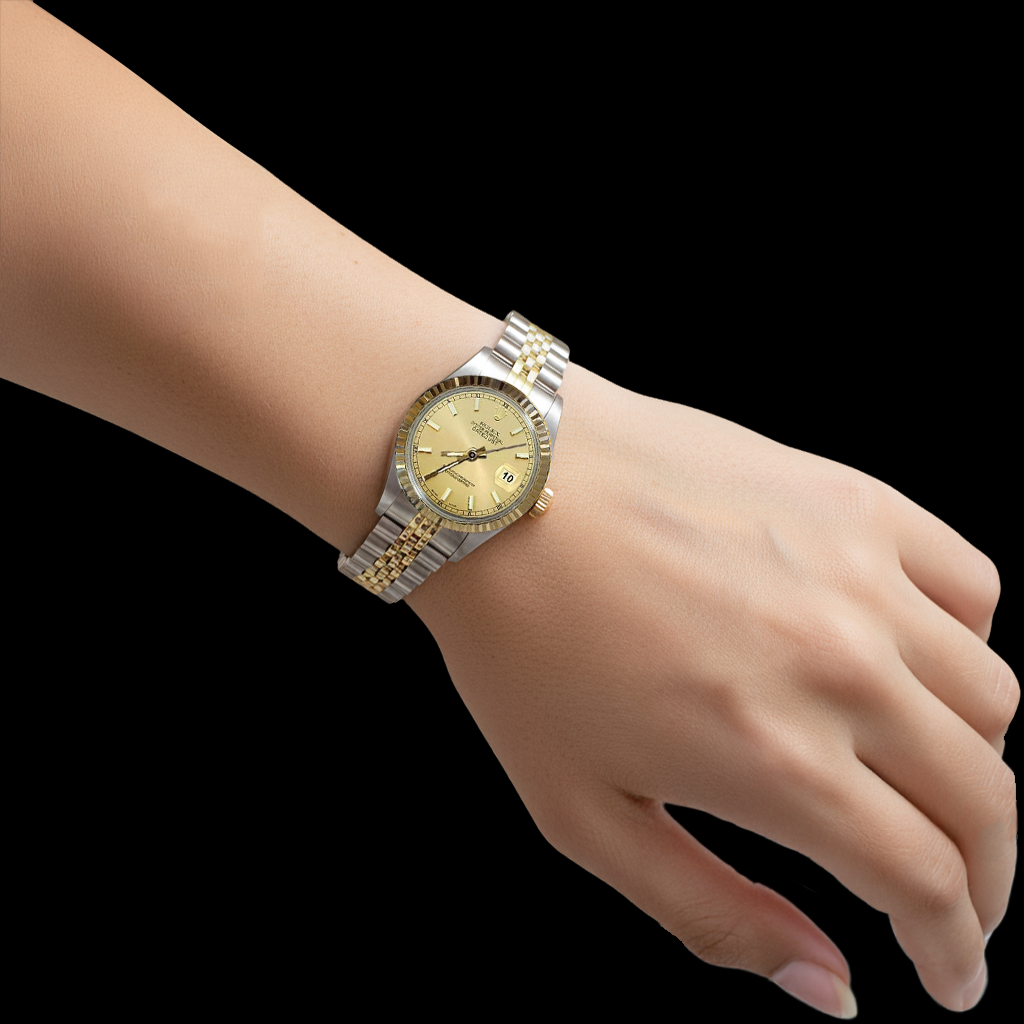 Orologio da donna Datejust in acciaio inossidabile e oro giallo con quadrante champagne e Rolex