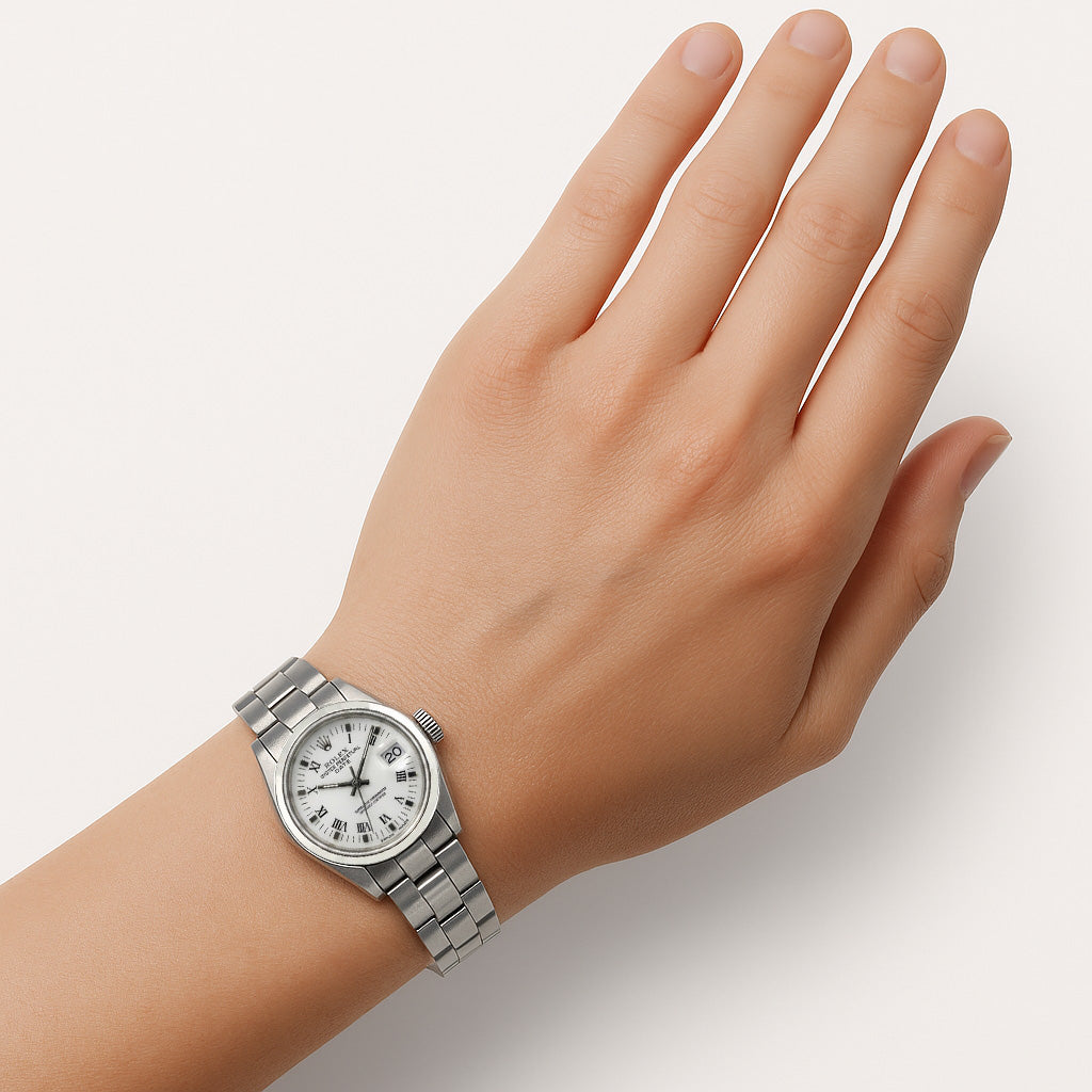 Orologio da donna Rolex Date bianco romano in acciaio inossidabile 26 mm P1