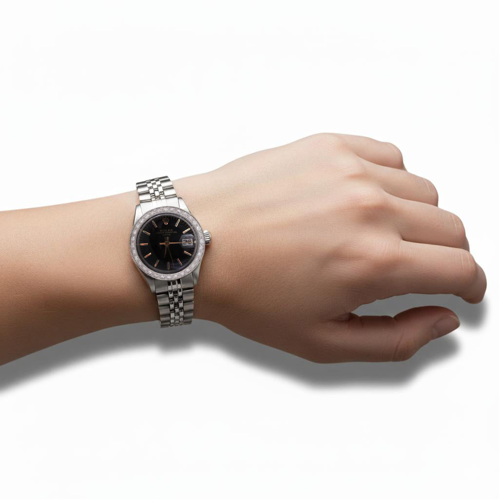 Orologio da donna Rolex Date quadrante nero con diamanti e lunetta in acciaio inossidabile giubileo P4