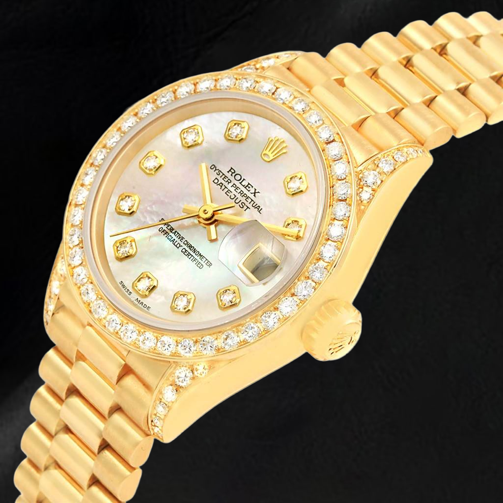 Orologio da donna Rolex Datejust Anno 2003 Quadrante in madreperla bianca con diamanti, 26 mm, oro giallo
