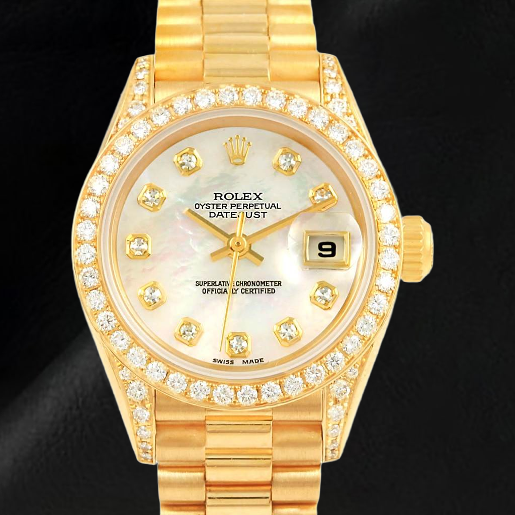 Orologio da donna Rolex Datejust Anno 2003 Quadrante in madreperla bianca con diamanti, 26 mm, oro giallo