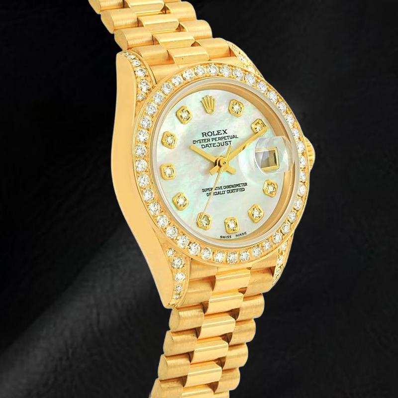 Orologio da donna Rolex Datejust Anno 2003 Quadrante in madreperla bianca con diamanti, 26 mm, oro giallo