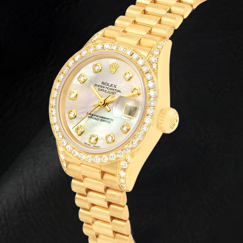 Orologio da donna Rolex Datejust Anno 2003 Quadrante in madreperla bianca con diamanti, 26 mm, oro giallo