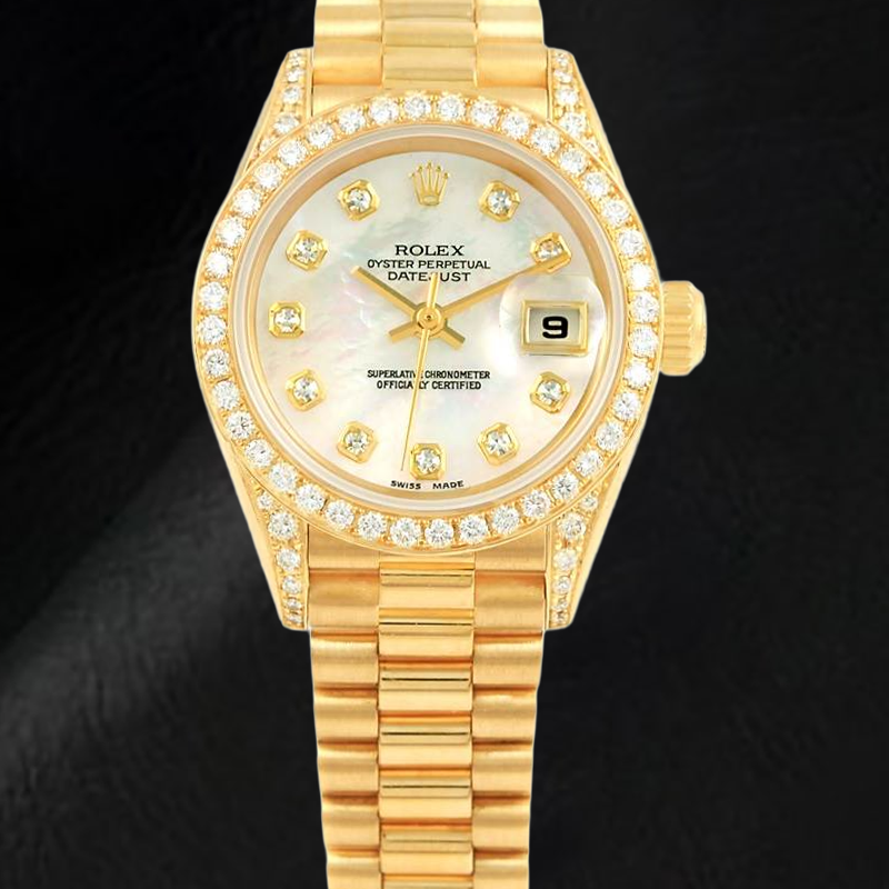 Orologio da donna Rolex Datejust Anno 2003 Quadrante in madreperla bianca con diamanti, 26 mm, oro giallo