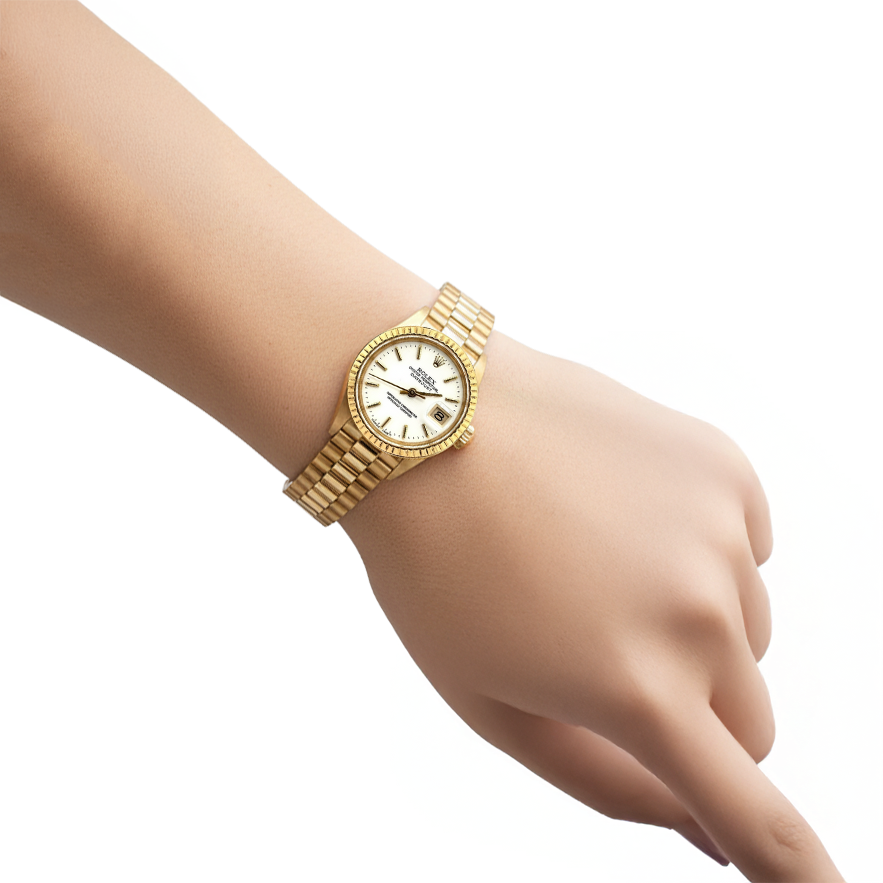 Orologio da donna Rolex Datejust President Style in oro giallo con quadrante bianco a bastoncino P1
