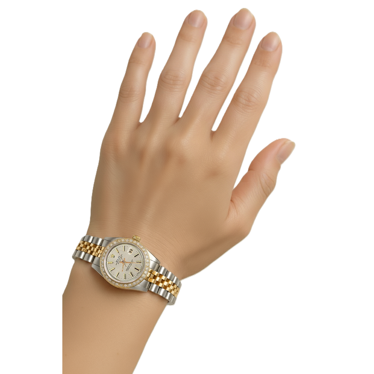 Orologio da donna Rolex Datejust con quadrante bianco in acciaio inossidabile e oro giallo P2