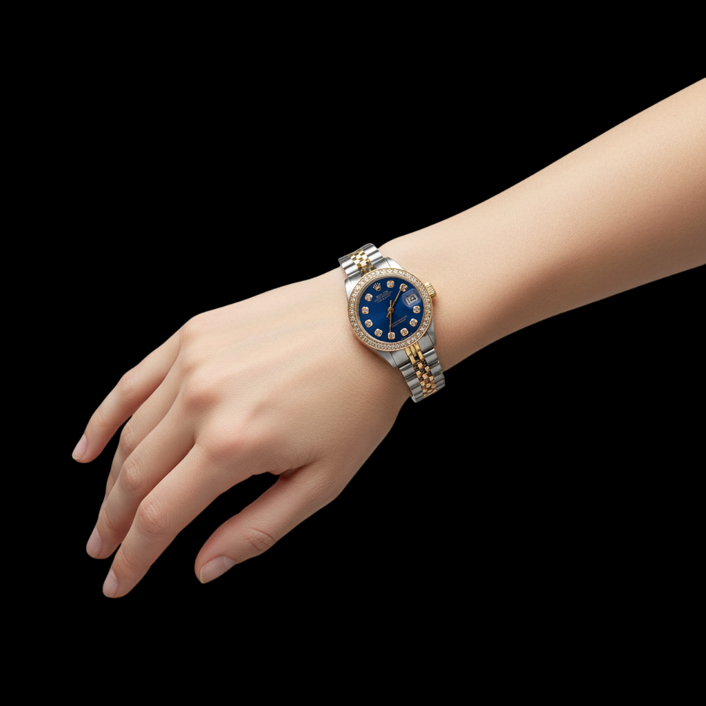 Orologio da donna Rolex Datejust con quadrante blu giubileo e lunetta con diamanti P5