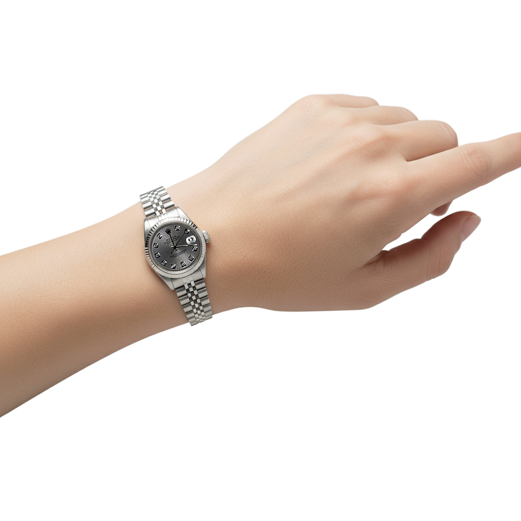 Orologio da donna Rolex Datejust con quadrante grigio e diamanti, in acciaio inossidabile P5