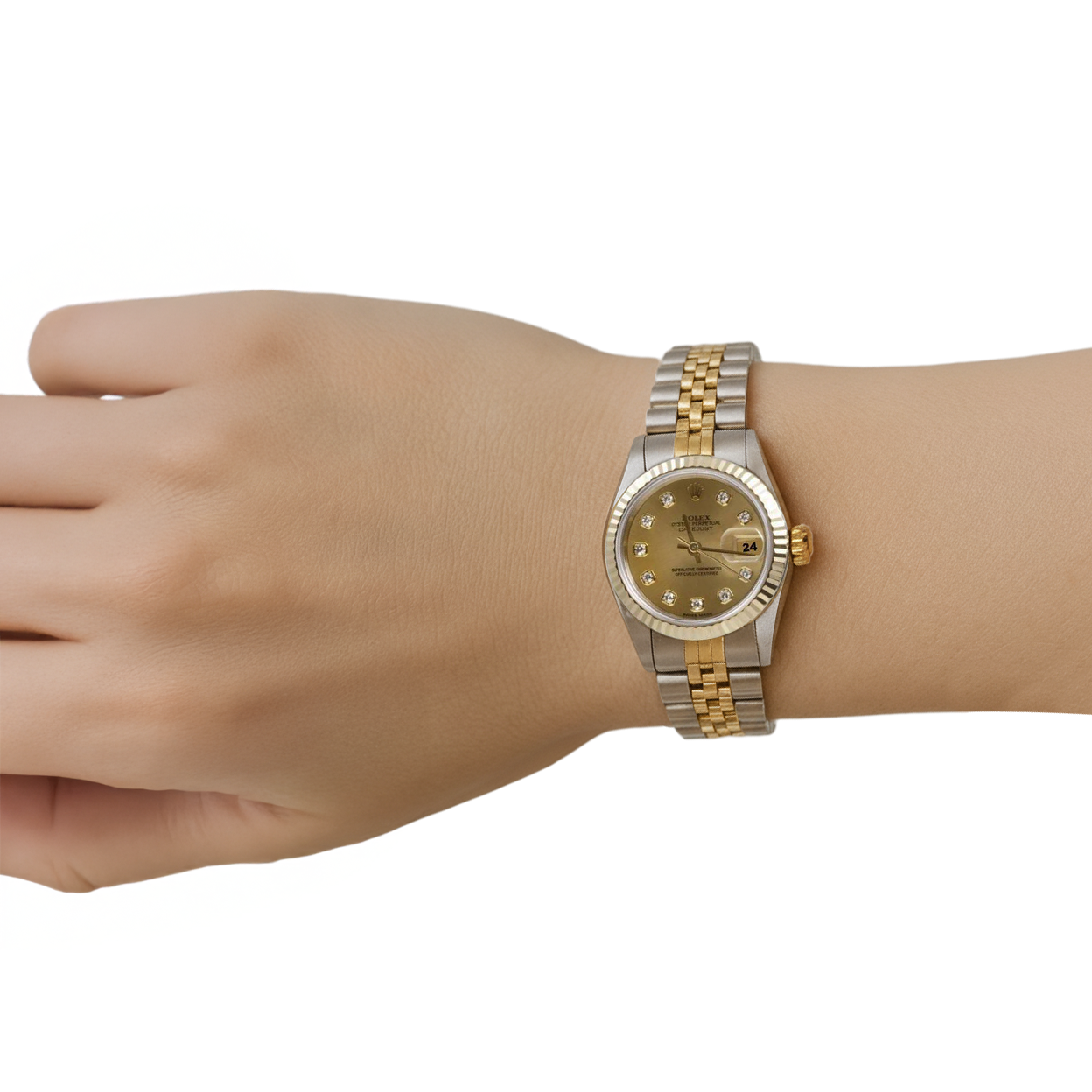 Orologio da donna Rolex Datejust in acciaio inossidabile e oro, lunetta scanalata con diamanti champagne P1