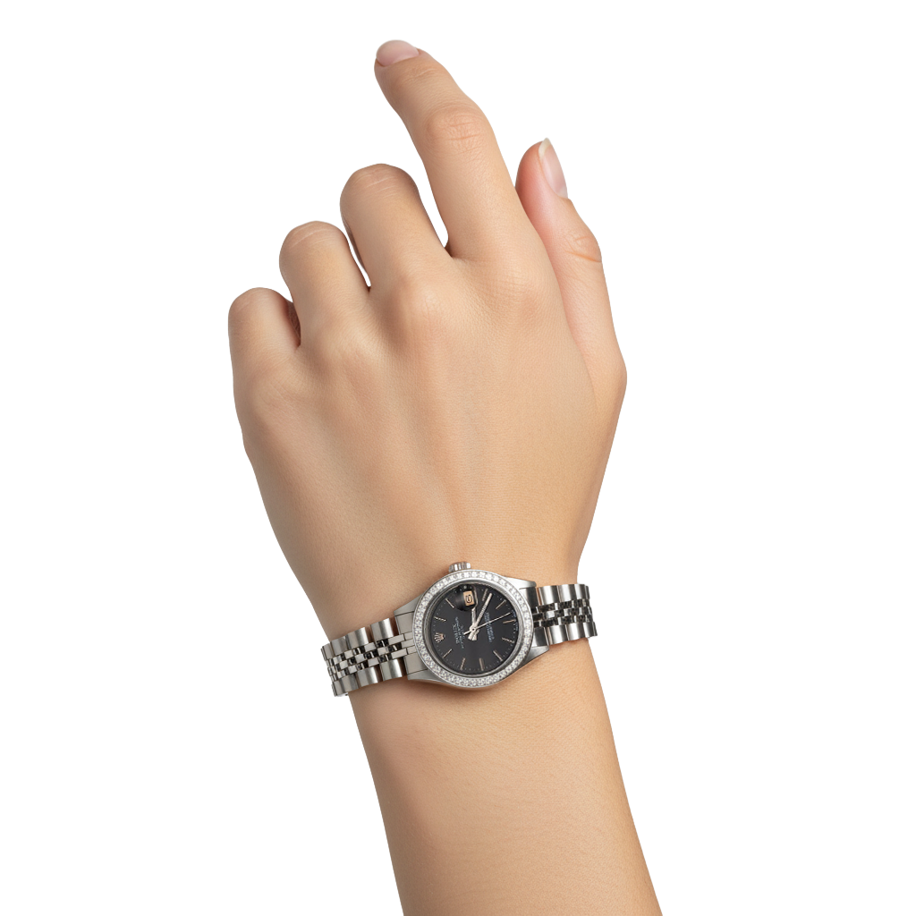 Orologio da donna Rolex Orologio in acciaio inossidabile con quadrante nero e datario Rolex P4