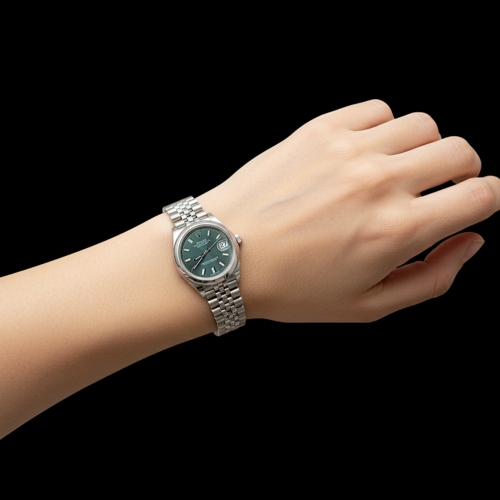 Orologio da donna Rolex con quadrante luminoso verde menta e data-solo da 31 mm P4