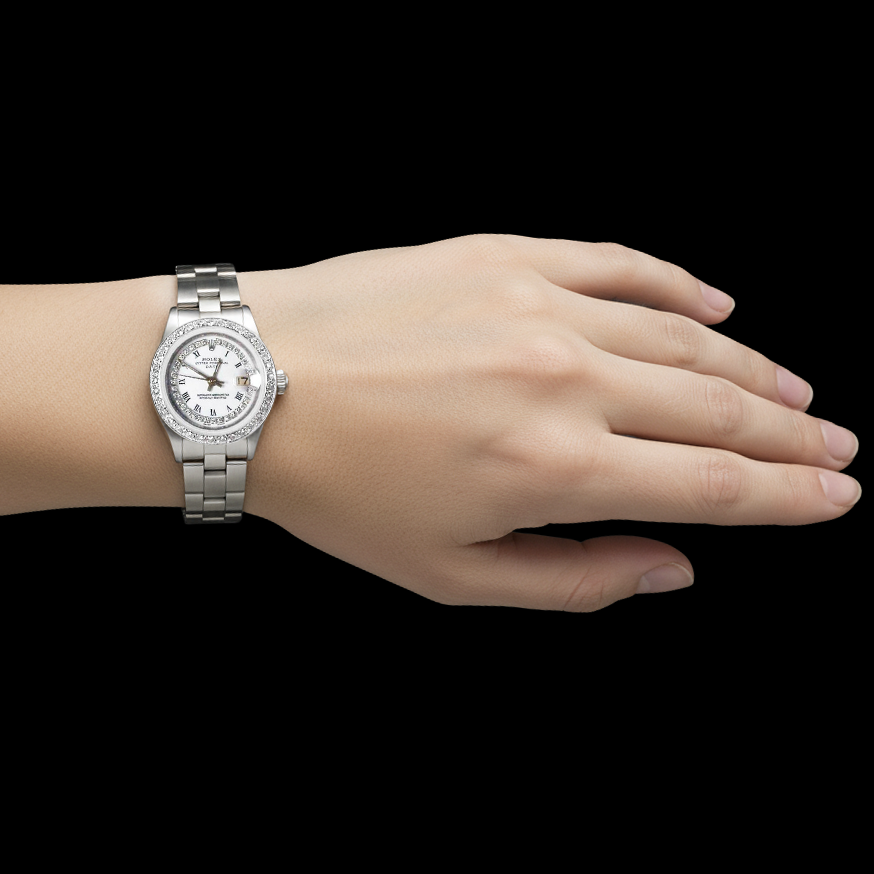 Orologio da donna con data e cordino bianco, quadrante con diamanti, lunetta in acciaio inossidabile P1