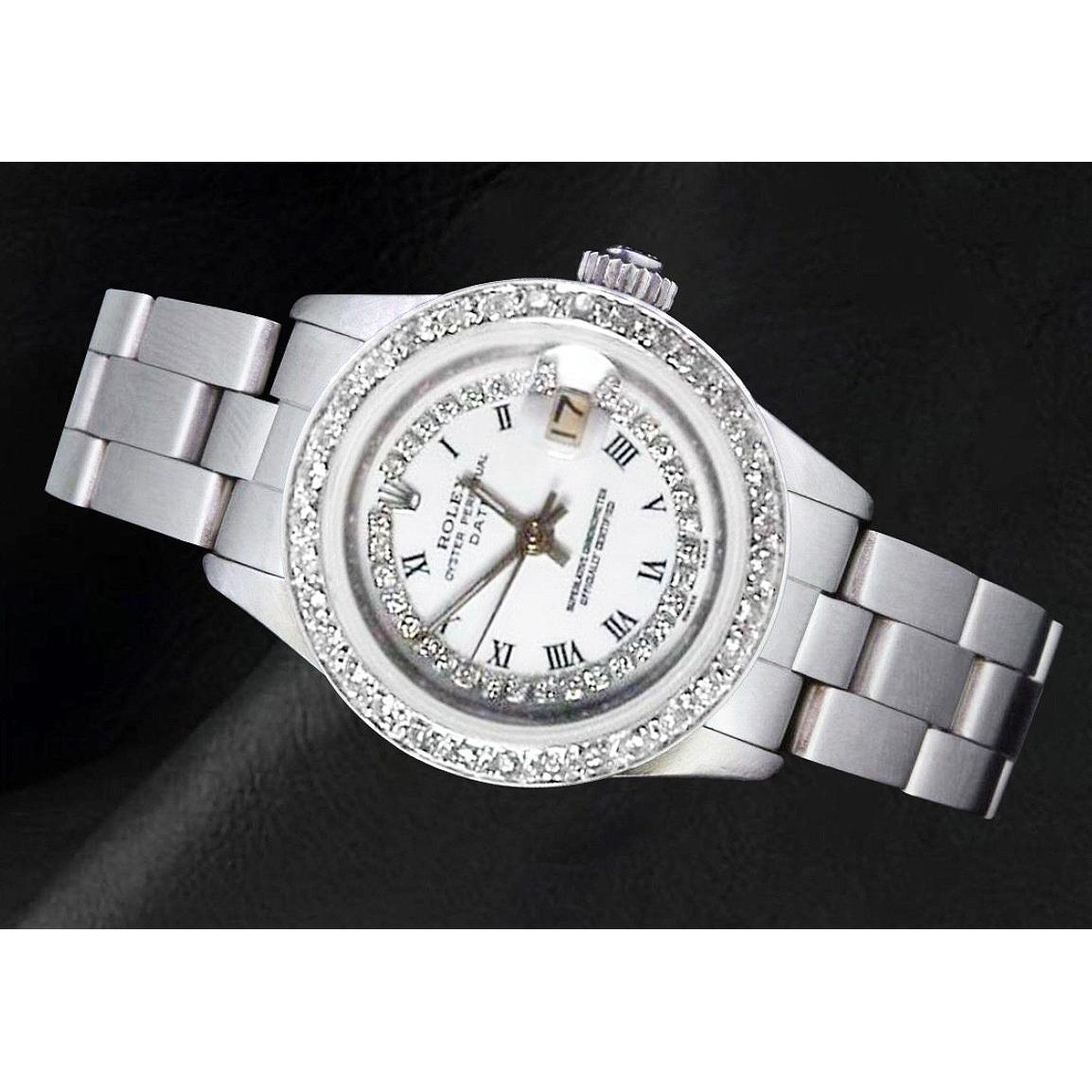 Orologio da donna con data e cordino bianco, quadrante con diamanti, lunetta in acciaio inossidabile