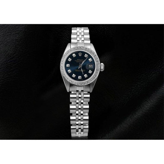 Orologio da donna con datario Rolex con quadrante blu e lunetta in dia