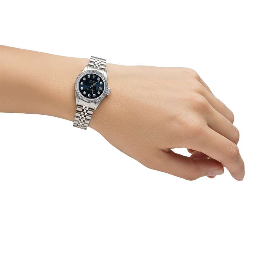 Orologio da donna con datario Rolex con quadrante blu e lunetta in diamanti, bracciale giubileo P2