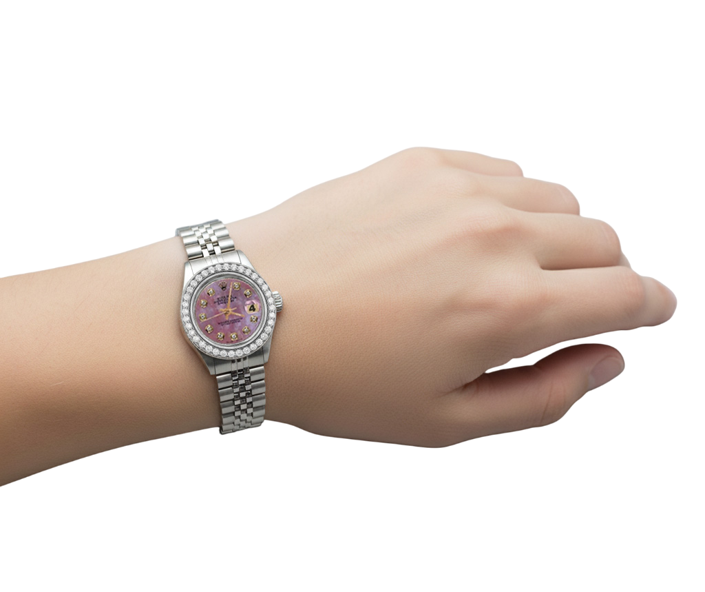 Orologio da donna perpetuo Rolex Date Just con quadrante bordeaux e lunetta in acciaio inossidabile P2