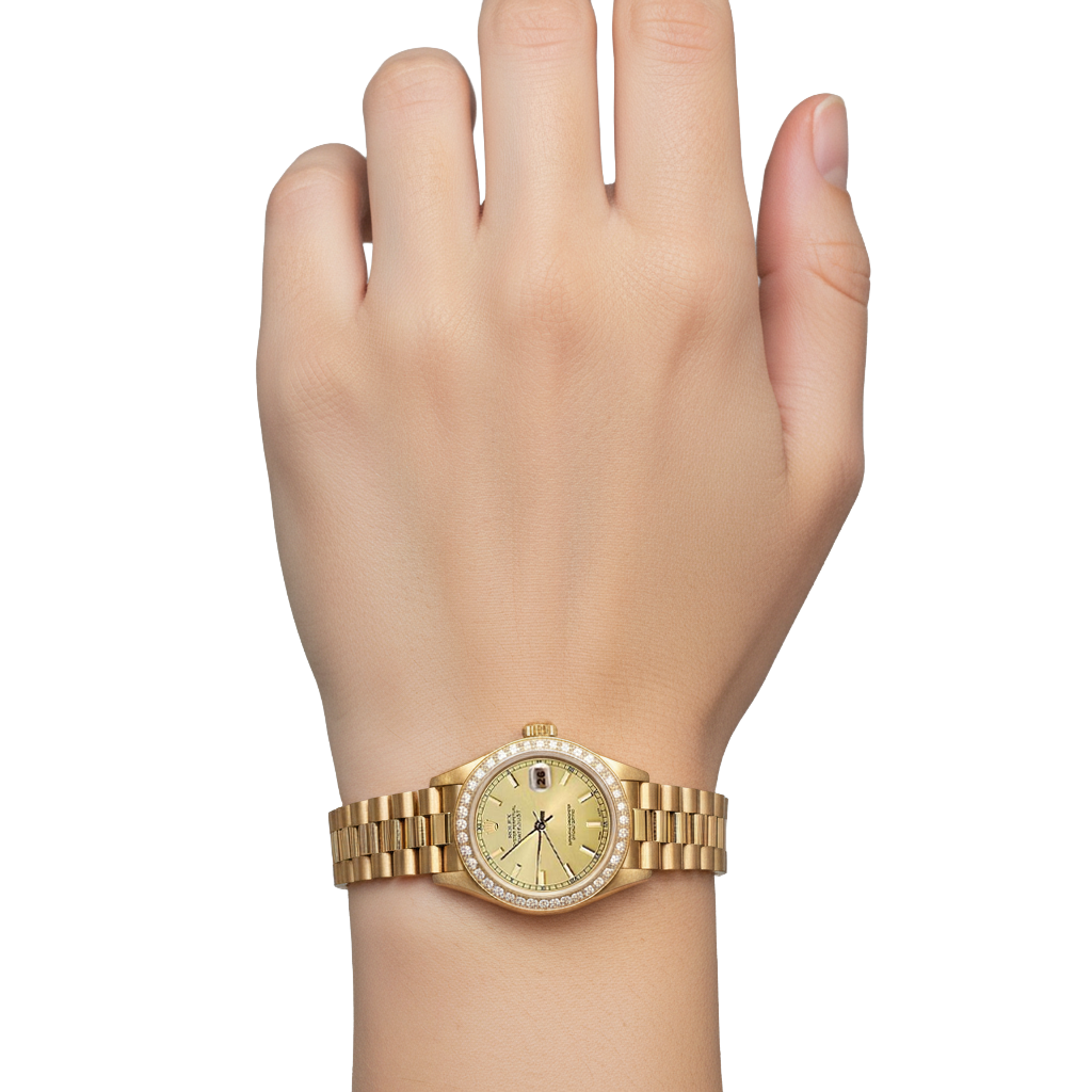 Orologio presidenziale con lunetta in diamanti e quadrante in oro champagne con data P2