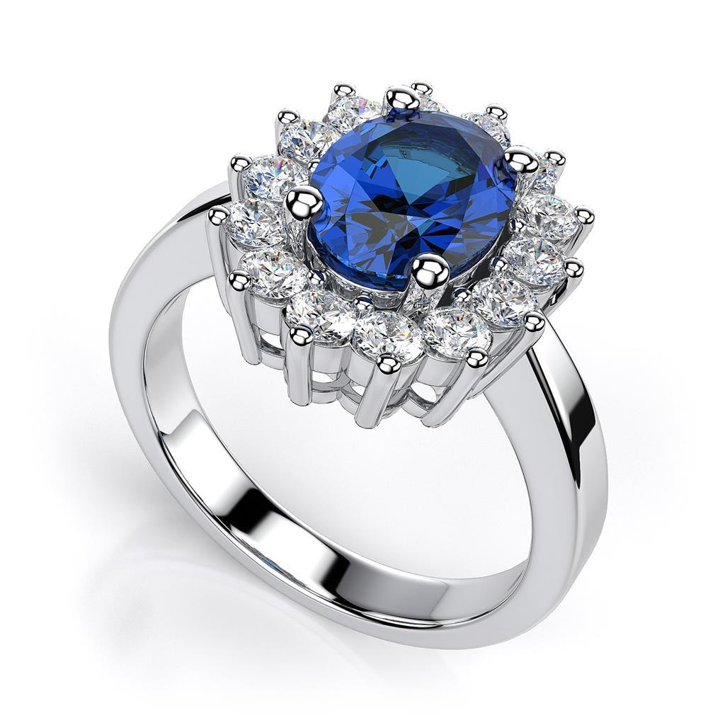 Ovale Sri Lanka Zaffiri E Diamanti Anello Oro Bianco 14K