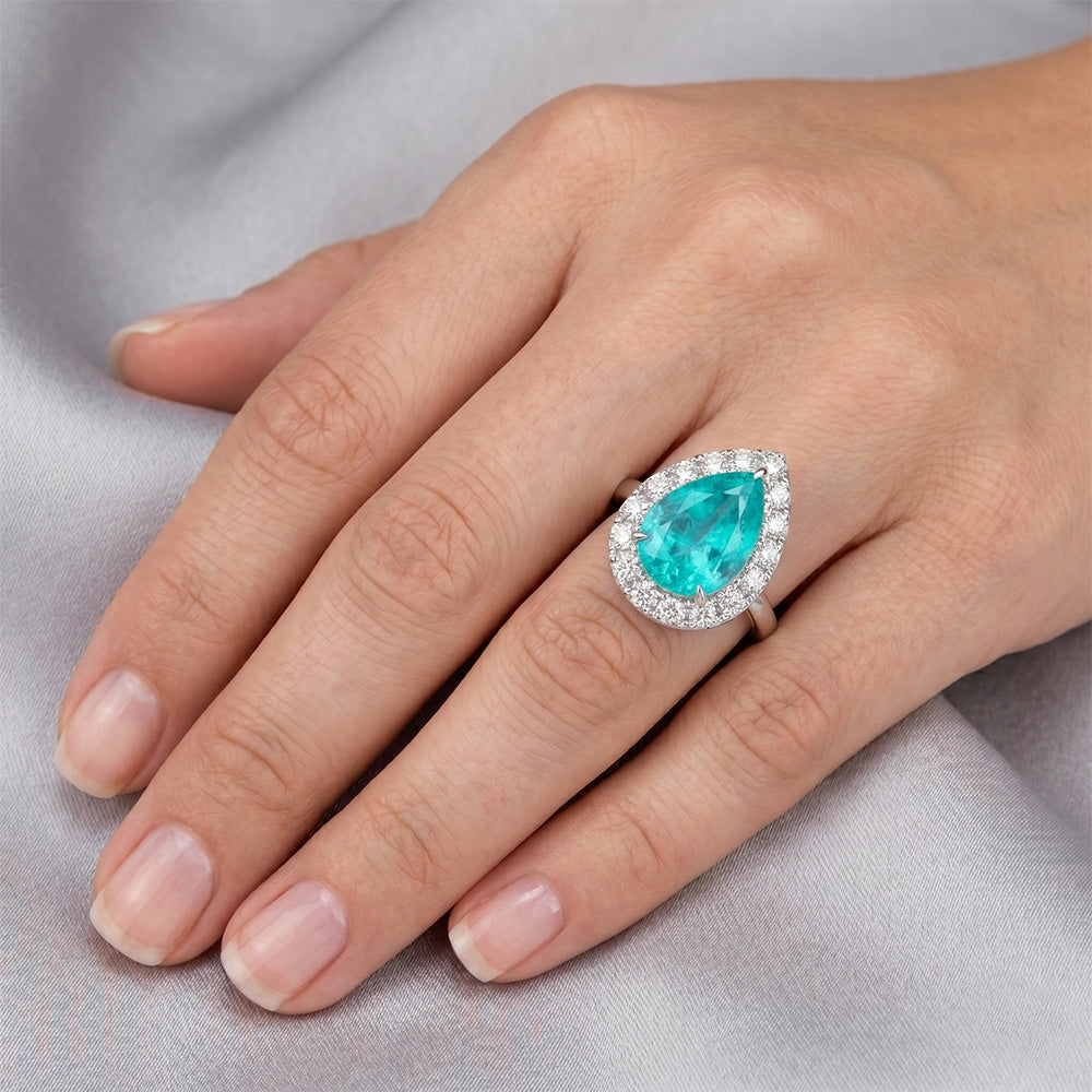 Paraiba Neon Anello Halo di lusso – 5 carati Oro Bianco 14K
