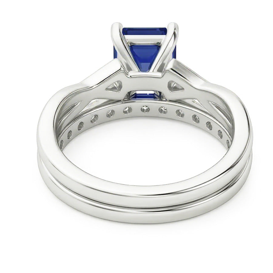 Parure di fedi nuziali con diamanti da 2,50 carati e zaffiro luminoso con gambo infinito