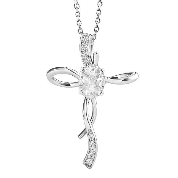 Pendente A Croce Con Vecchio Minatore Ovale Da 2,50 Carati E Vero Diamante Tondo In Oro Bianco 14K