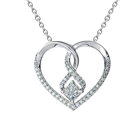 Pendente A Cuore Con Principessa Da 1,40 Carati E Genuino Diamante Tondo In Oro Bianco 14K