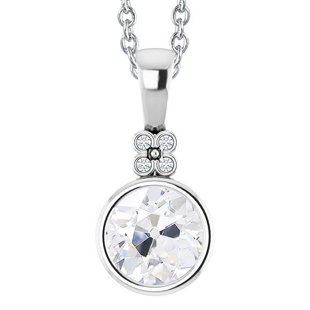Pendente Antico Con Lunetta In Genuino Diamanti Taglio Rotondo Da 3 Carati Con Catena In Oro 14K